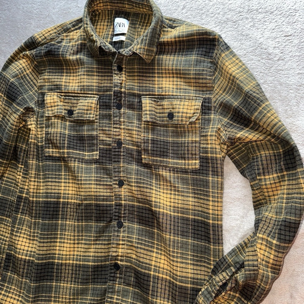 Zara Men Yellow Black Plaid Flannel Button Up Shirt Relaxed Fit L 7446/434/505